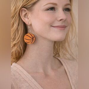 Handmade Wooden Basketball Dangle Earrings Hand Painted & Engraved Sporty NEW
